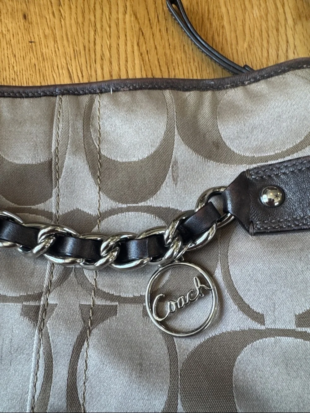 Coach Signature Crossbody Sateen w/Brown Leather Trim & Gold Chain Accent *READ*